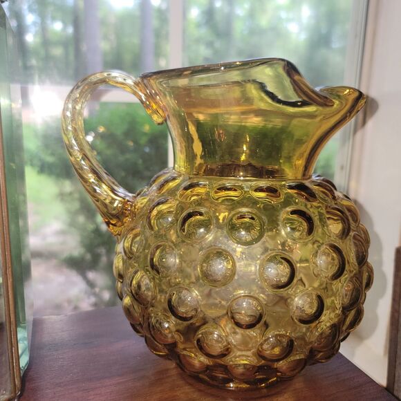 VTG Amber Glass Hobnail Pitcher wide belly applied handle hand blown 8.25" H MCM - Picture 14 of 16